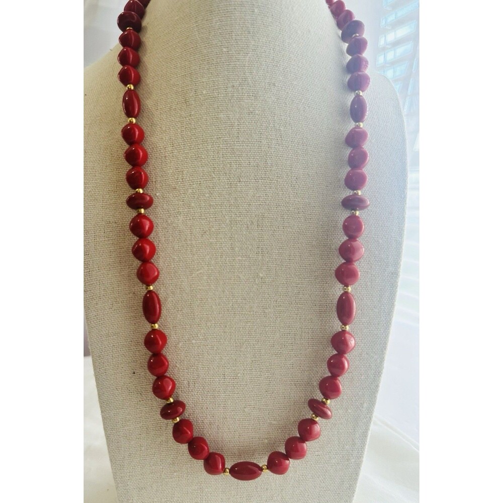 Vintage Red Acrylic Bead Necklace Gold Tone Spacers 20”